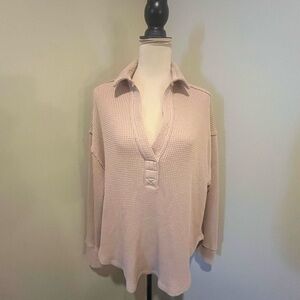 Aerie Oversized Tan Waffle Knit Deep V Collared Top, size M